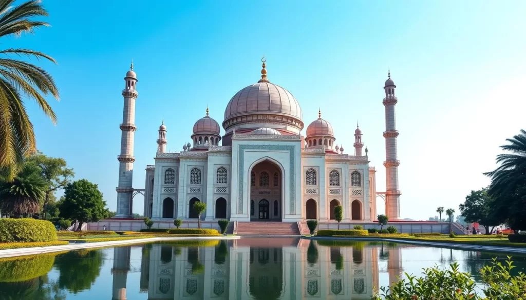 Generate an image of Putra Mosque with its distinctive pink dome