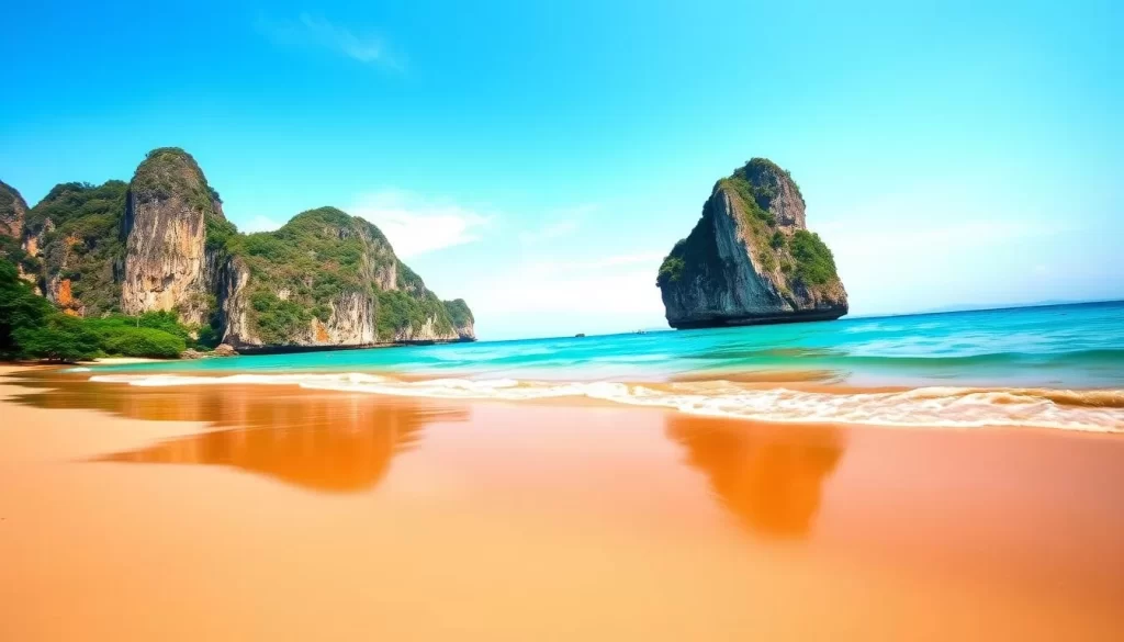 Generate an image of Railay Beach with its towering limestone cliffs and turquoise waters.