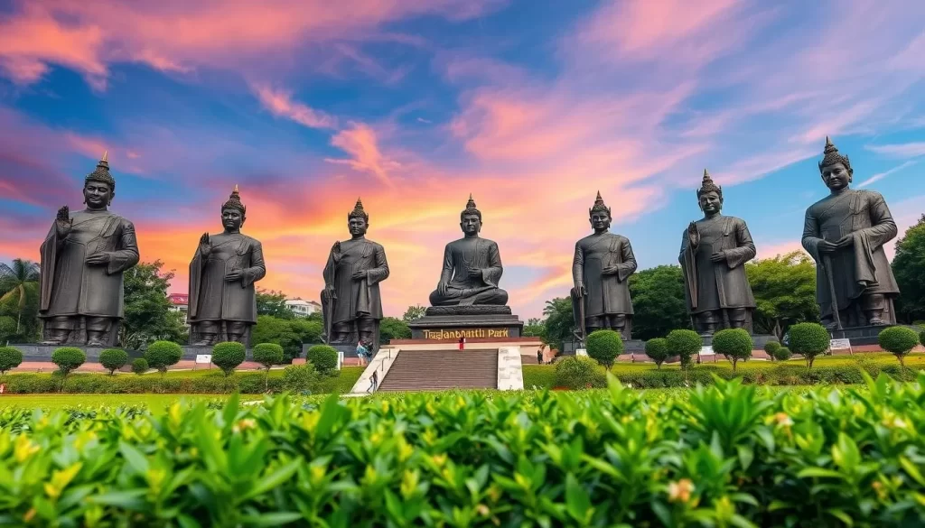 Generate an image of Rajabhakti Park, showcasing the seven massive bronze statues of Thailand's revered kings.