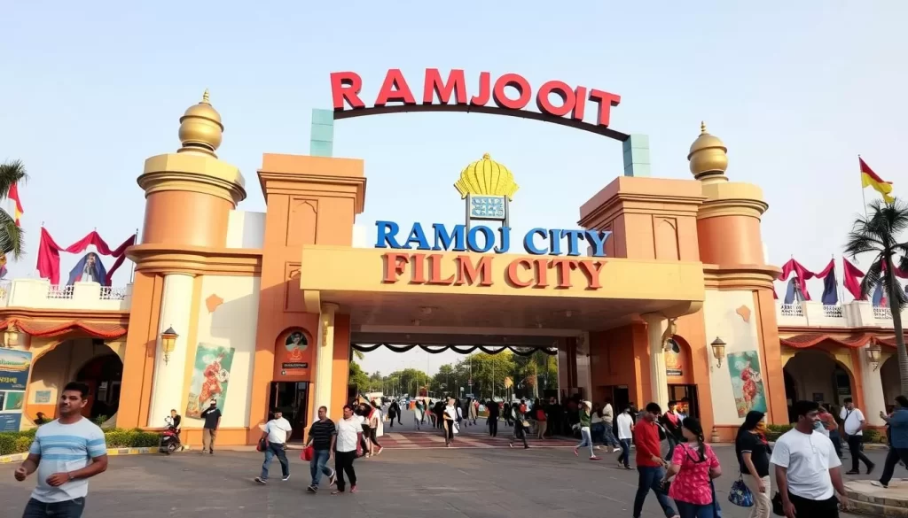 Generate an image of Ramoji Film City's iconic entrance