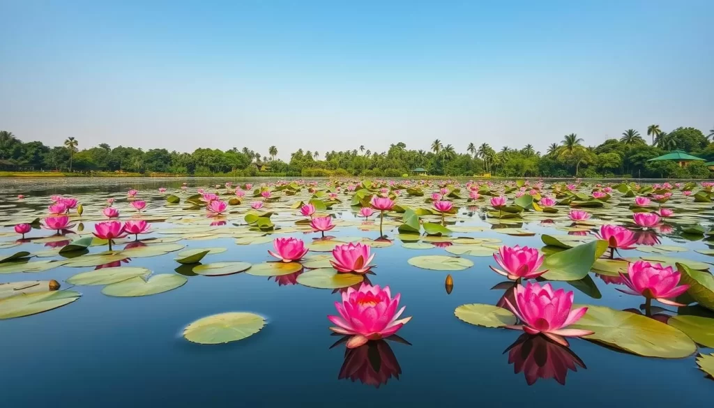 Generate an image of Red Lotus Lake in Udon Thani, showcasing its serene beauty with blooming lotus flowers.