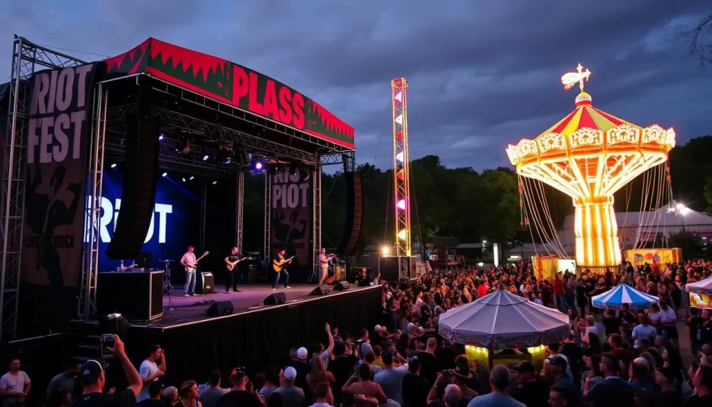 Generate an image of Riot Fest in Douglass Park, with punk rock bands performing on stage and carnival rides in the background.