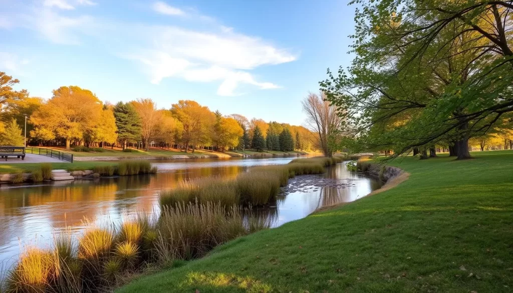Generate an image of Rockwell Park's serene landscape along the Pequabuck River.