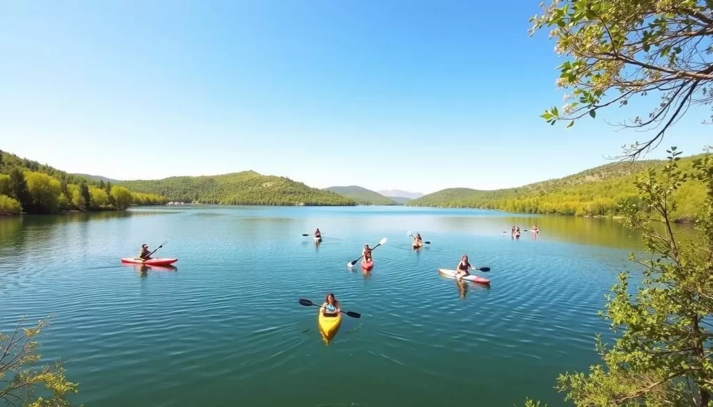 Generate an image of Round Valley Reservoir with a serene lake surrounded by lush greenery and a few people enjoying water activities.