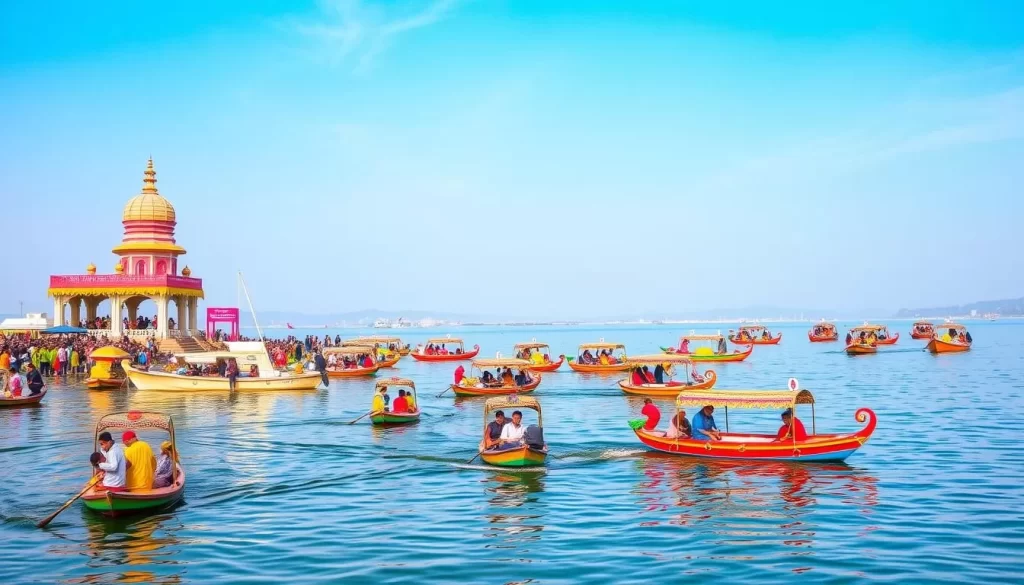 Generate an image of Rudrasagar Lake during the Neermahal Water Festival