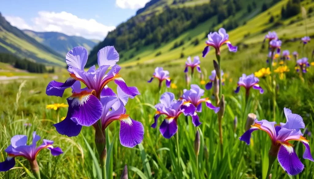 Generate an image of Ruggeller Riet Nature Reserve in Liechtenstein with Siberian irises blooming.