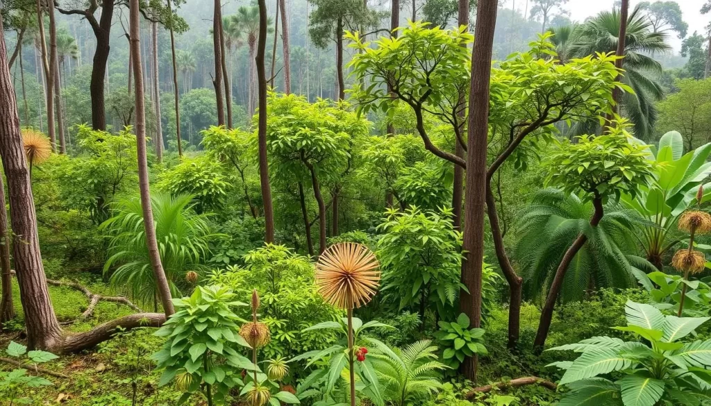 Generate an image of Sadhana Forest, showcasing its lush greenery and reforestation efforts.