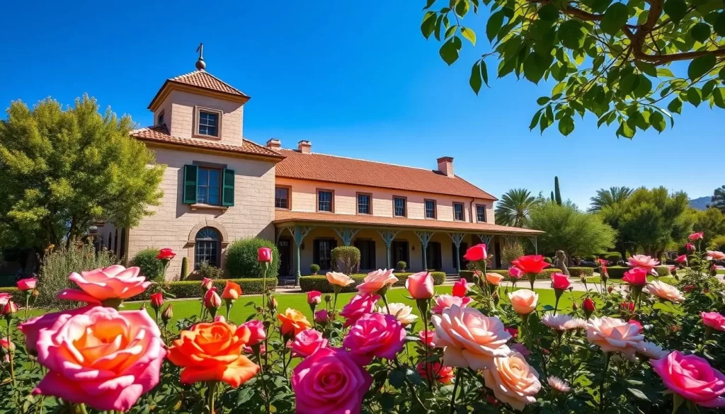 Generate an image of Sahuaro Ranch Park's historic main house with its beautiful rose garden in the foreground.