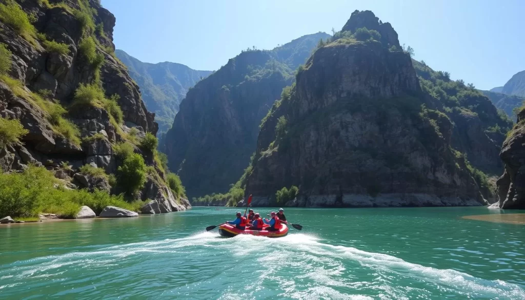 Generate an image of Saklıkent Gorge with rafters navigating through the gorge.