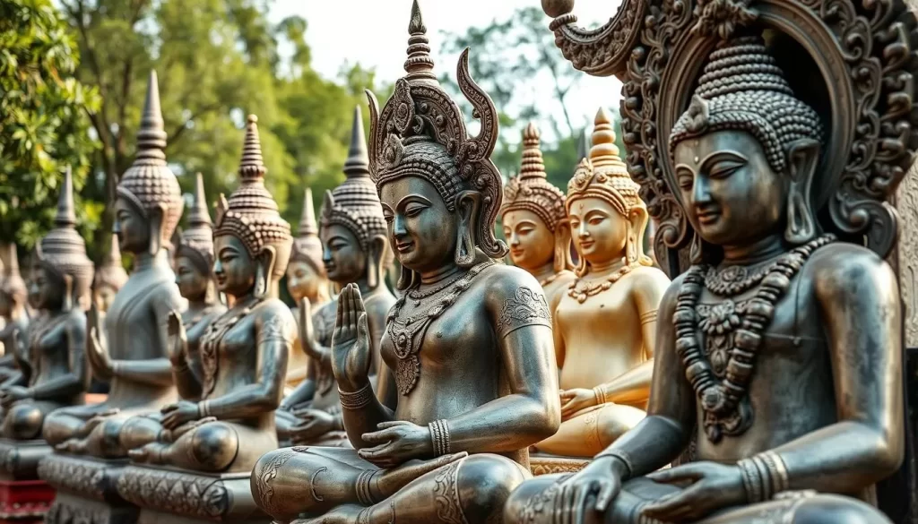 Generate an image of Sala Keoku Park's intricate Buddha and Hindu statues.