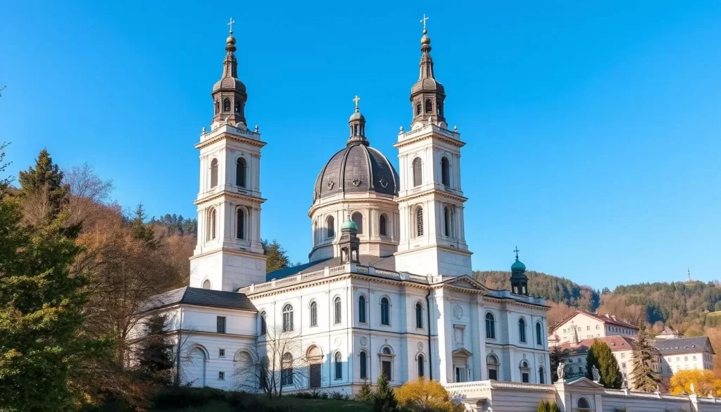 Generate an image of Salzburg Cathedral with its impressive twin towers and massive dome.