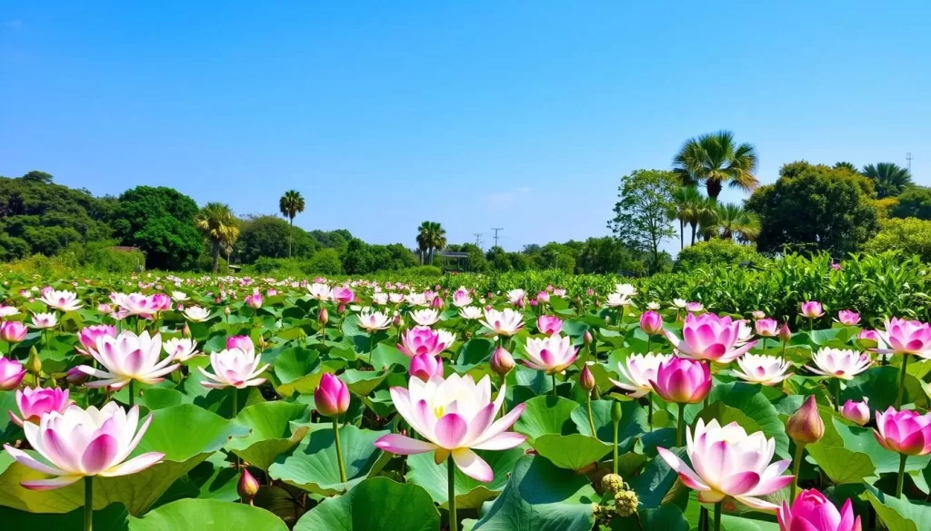 Generate an image of Sam Roi Yot Lotus Pond with lotus flowers in bloom