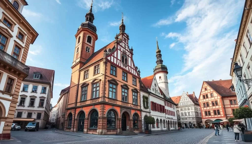Generate an image of Sankt Pölten's historic old town, showcasing its baroque architecture and cobblestone streets.