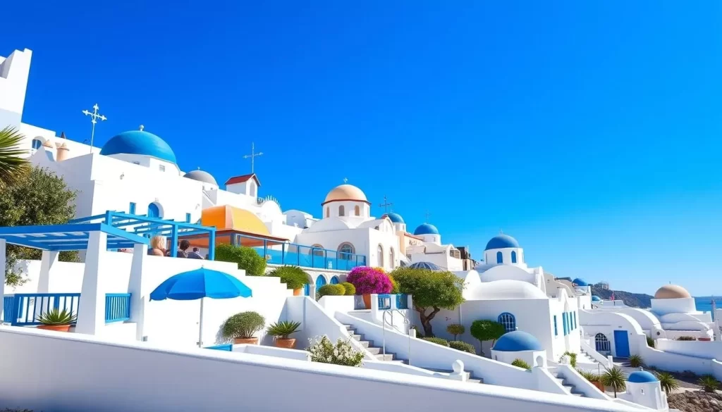 Generate an image of Santorini Park with its white and blue buildings and Greek ambiance.