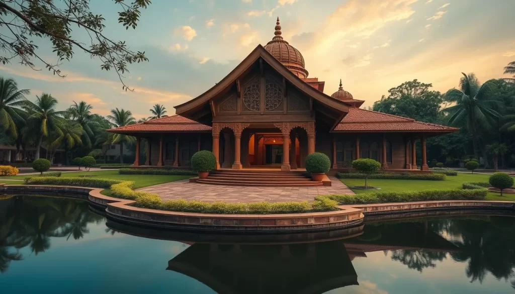 Generate an image of Savitri Bhavan's serene ambiance, showcasing its architectural beauty and peaceful surroundings.