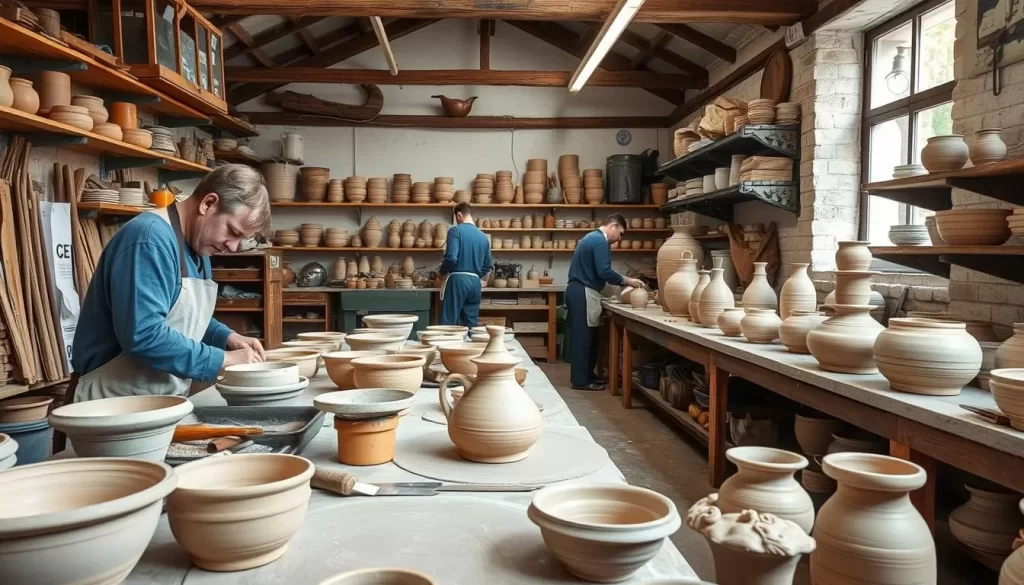 Generate an image of Schädler Pottery's workshop in Nendeln, Liechtenstein, showcasing traditional pottery making.