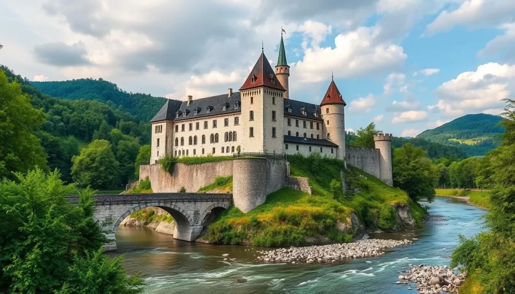 Generate an image of Schattenburg Castle in Feldkirch, Austria, showcasing its medieval architecture and surrounding landscape.