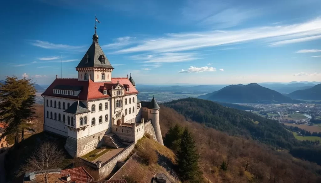 Generate an image of Schattenburg Castle in Feldkirch, Austria, showcasing its medieval architecture and panoramic views.
