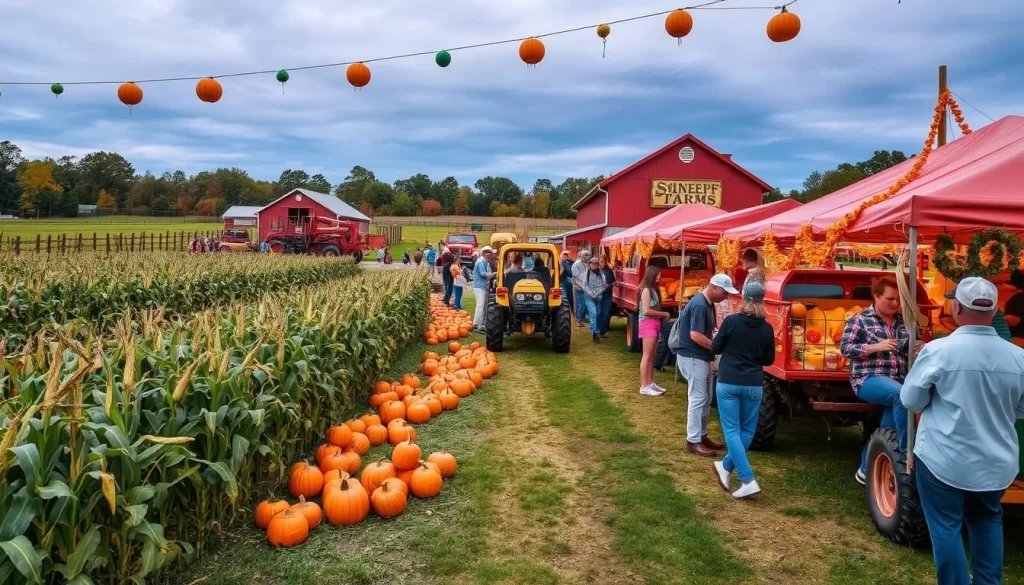 Generate an image of Schnepf Farms during the Pumpkin and Chili Party, with a corn maze, hayrides, and people enjoying seasonal food.