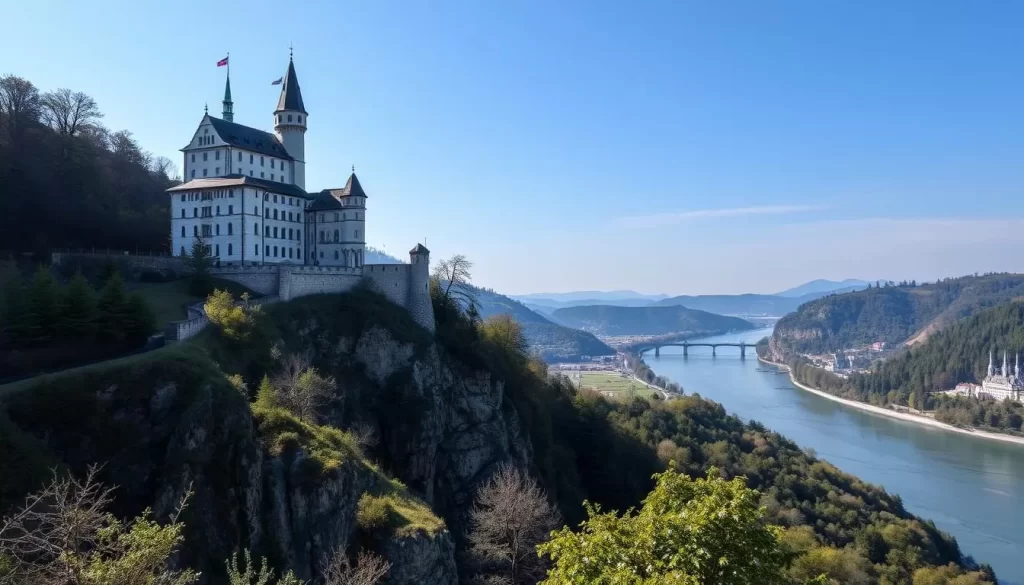 Generate an image of Schönbühel Castle standing on its cliff, with the Danube River flowing below.