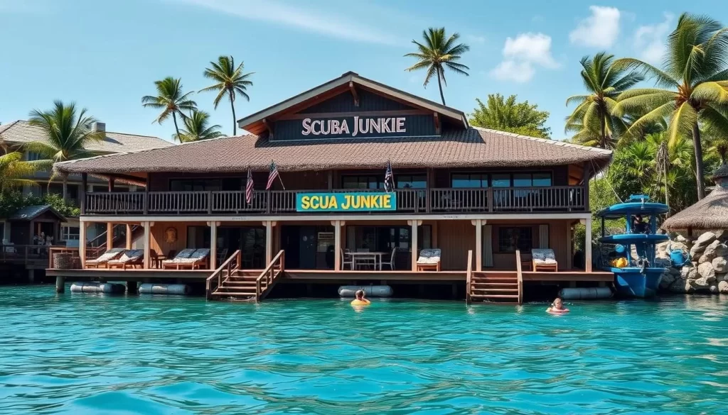 Generate an image of Scuba Junkie, showing its dive center and accommodations, emphasizing its focus on diving and safety.