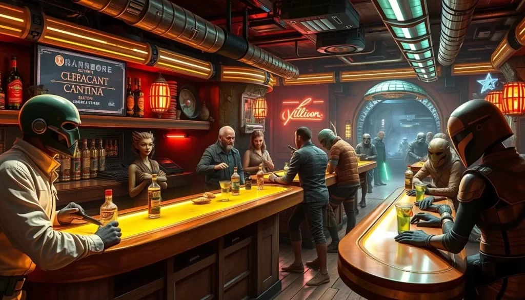 Generate an image of Scum and Villainy Cantina's interior, featuring sci-fi elements and character bartenders.