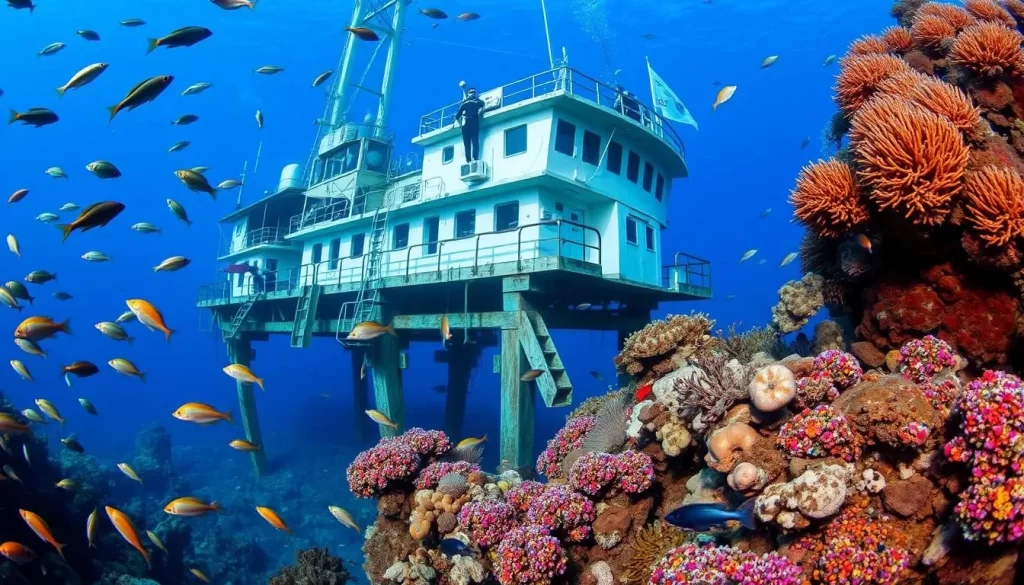 Generate an image of Seaventures Dive Rig, showing its unique rig structure and the vibrant marine life around it.