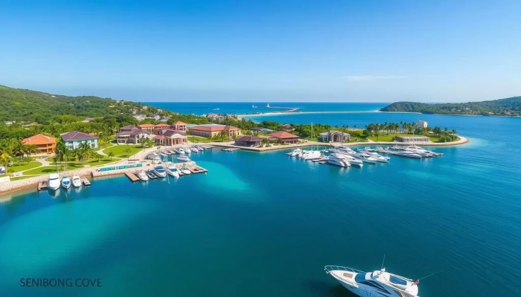 Generate an image of Senibong Cove, showcasing its waterfront development, recreational parks, and moored yachts.