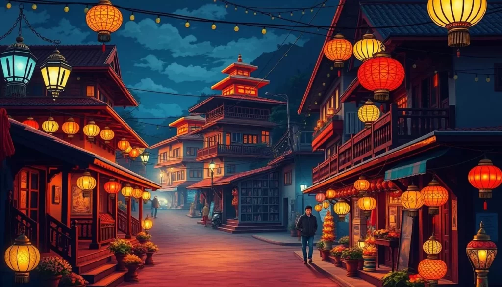 Generate an image of Sikkim during Tihar, with homes and streets lit up with lamps and electric bulbs.
