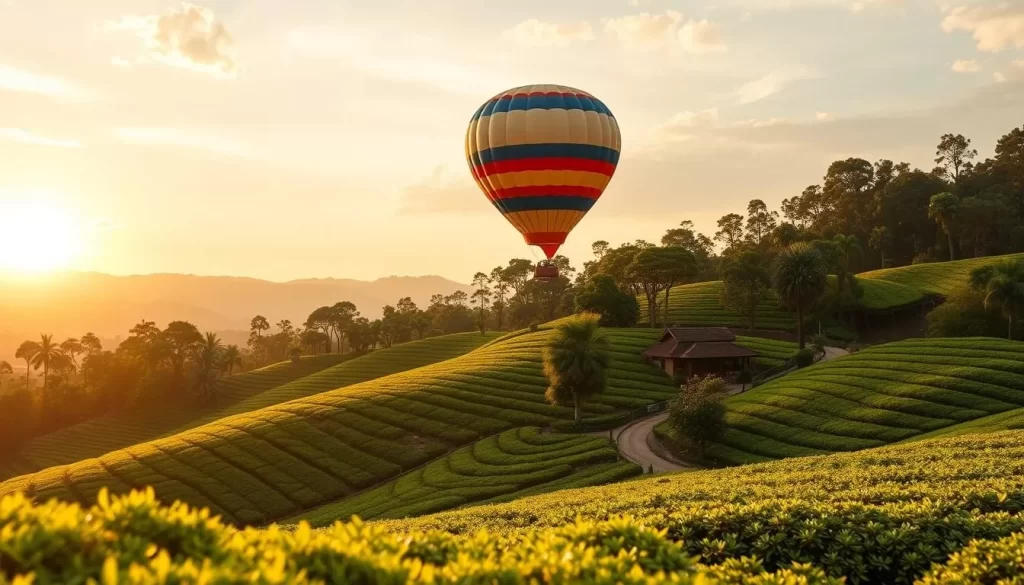 Generate an image of Singha Park's scenic landscape with tea plantations and a hot air balloon in the sky.