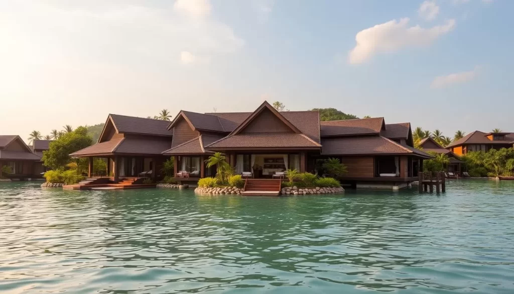 Generate an image of Sipadan Water Village, showcasing its luxurious villas and serene surroundings.