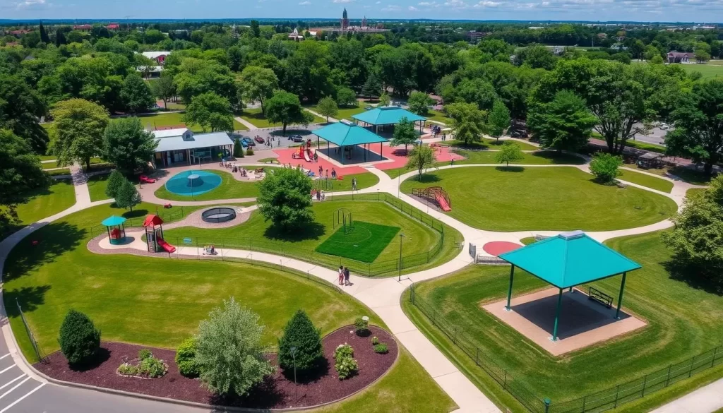 Generate an image of Slater Memorial Park in Pawtucket, Rhode Island, showcasing its vibrant green spaces and various recreational facilities.
