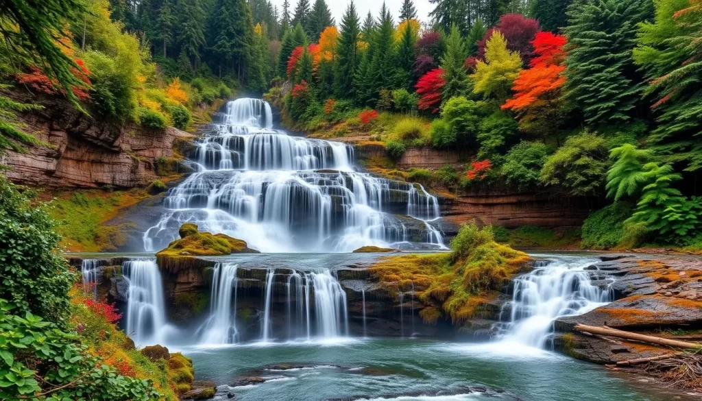 Generate an image of Snoqualmie Falls, a 268-foot waterfall surrounded by lush greenery.