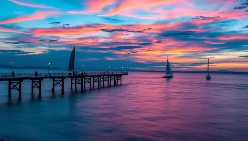 Generate an image of Sopot Pier at sunset with sailboats in the background.