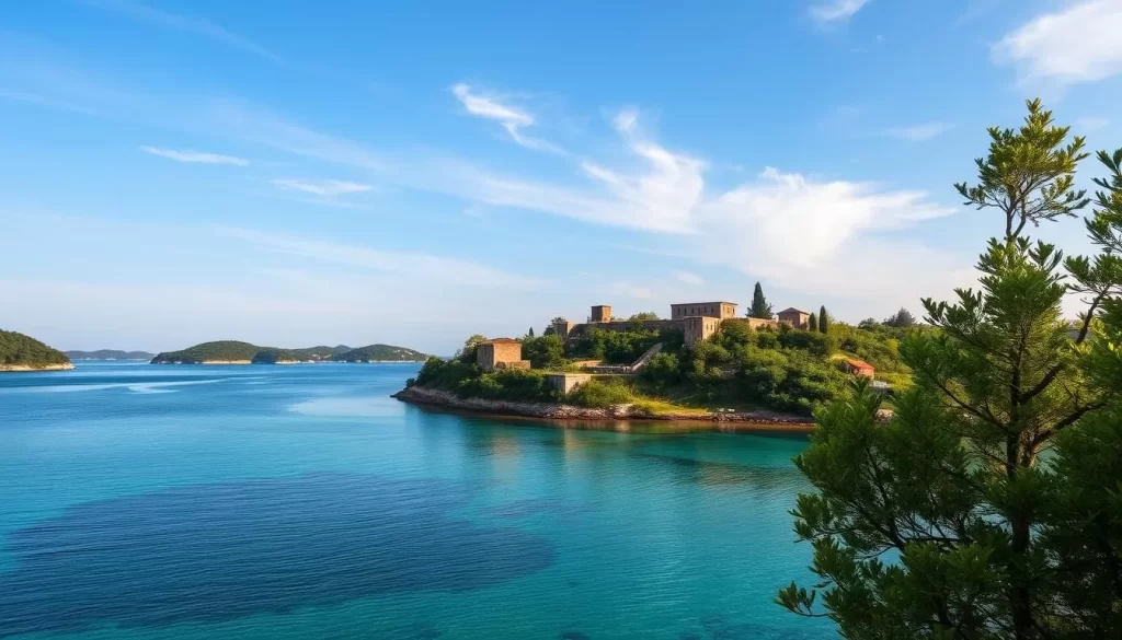 Generate an image of Sovalye Island's serene landscape with historical ruins and crystal-clear waters.