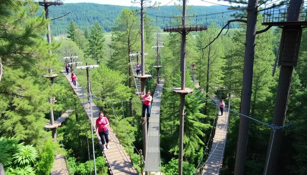 Generate an image of SpaForest adventure park with people navigating through treetop courses and enjoying outdoor activities.