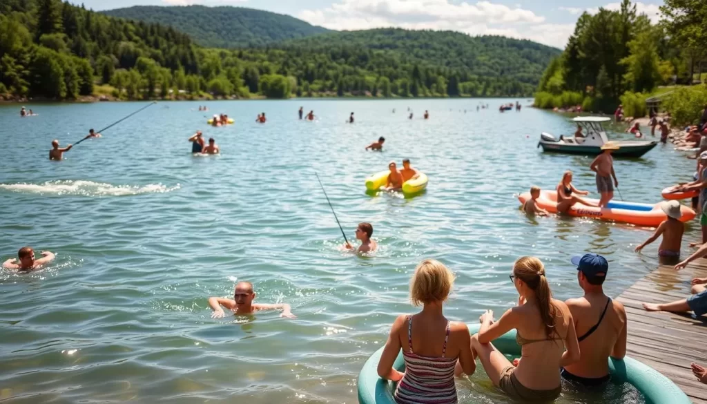 Generate an image of Spruce Run Reservoir with people enjoying various outdoor activities like swimming, fishing, and boating.
