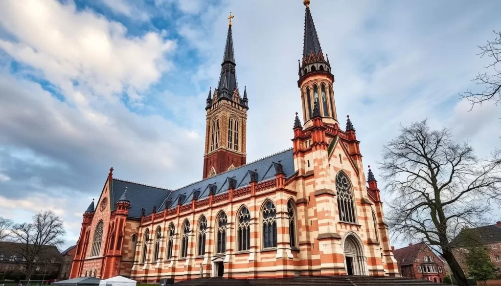 Generate an image of St. James Cathedral in Olsztyn, Poland, showcasing its Gothic architecture and distinctive tower.