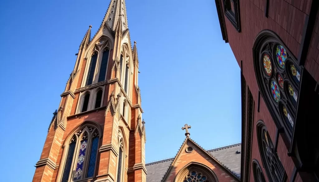 Generate an image of St. Joseph Cathedral, highlighting its Gothic architectural features and stained-glass windows.