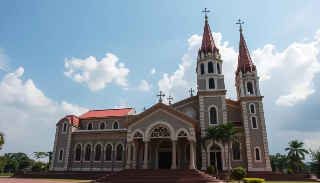 Generate an image of St. Joseph's Cathedral in Aneho, Togo, showcasing its beautiful architecture and peaceful surroundings.