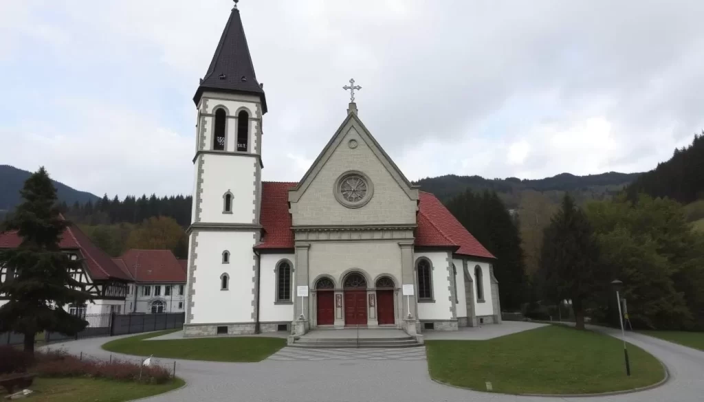 Generate an image of St. Laurentius Church in Schaan, Liechtenstein, showcasing its unique architecture.