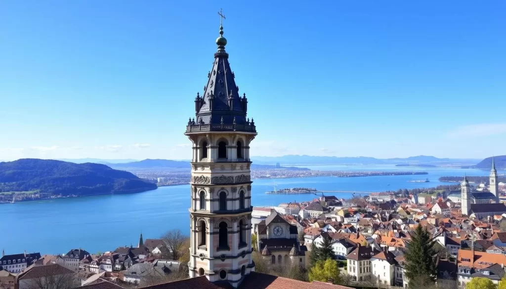 Generate an image of St. Martin's Tower, highlighting its Baroque architecture and panoramic views of Bregenz and Lake Constance.