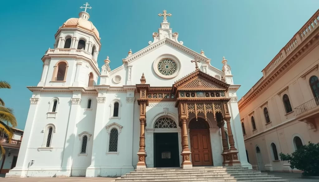Generate an image of St. Paul's Church in Diu, showcasing its stunning white façade and intricate woodwork.