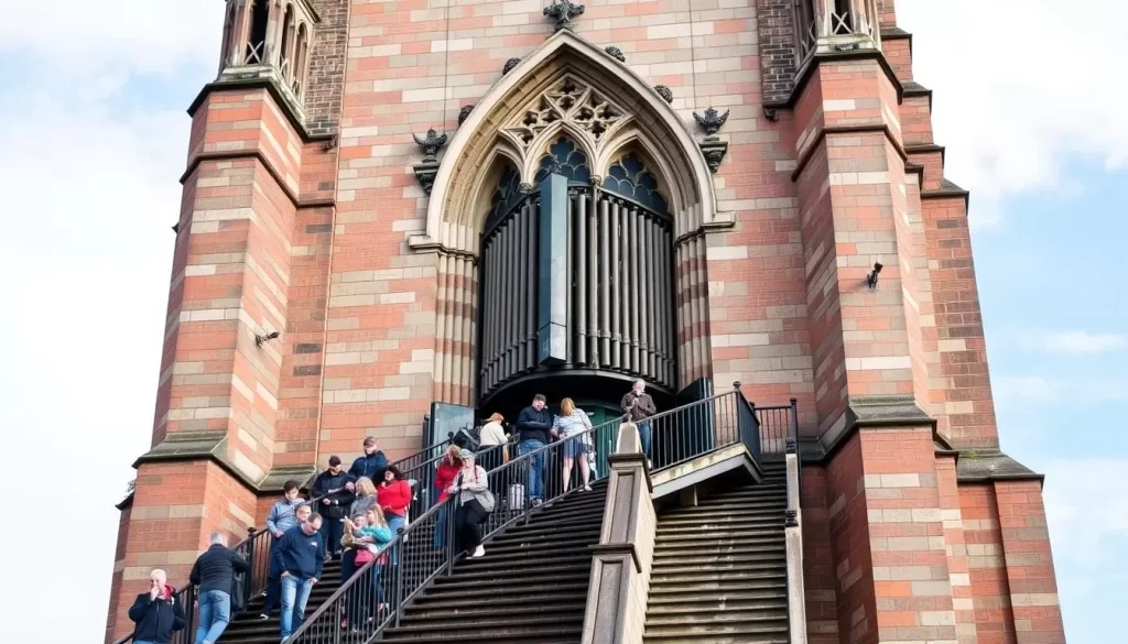 Generate an image of St. Rumbold's Tower in Mechelen, Belgium, with a visible carillon and people climbing the stairs.