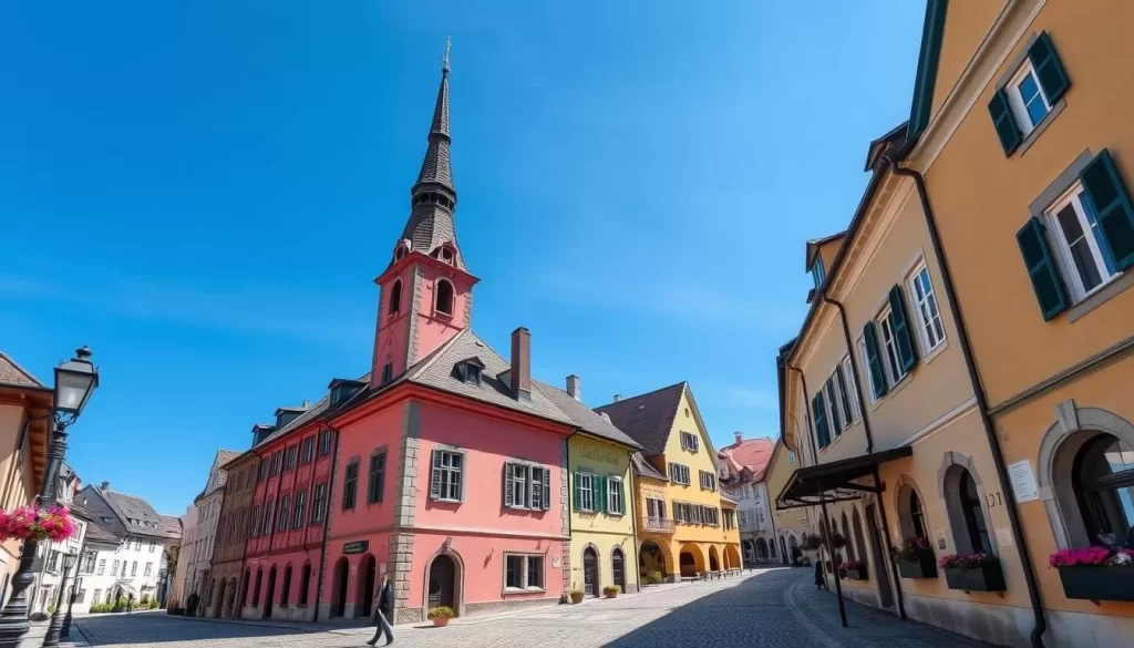 Generate an image of Steyr's Old Town with cobblestone streets and historic buildings.