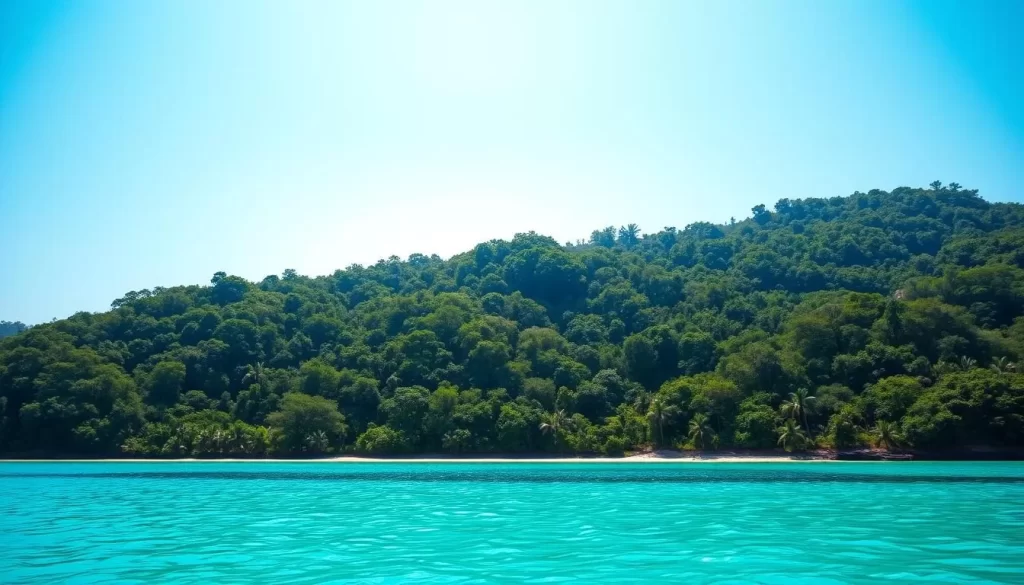 Generate an image of Suluada Island with its turquoise waters and lush green forests.