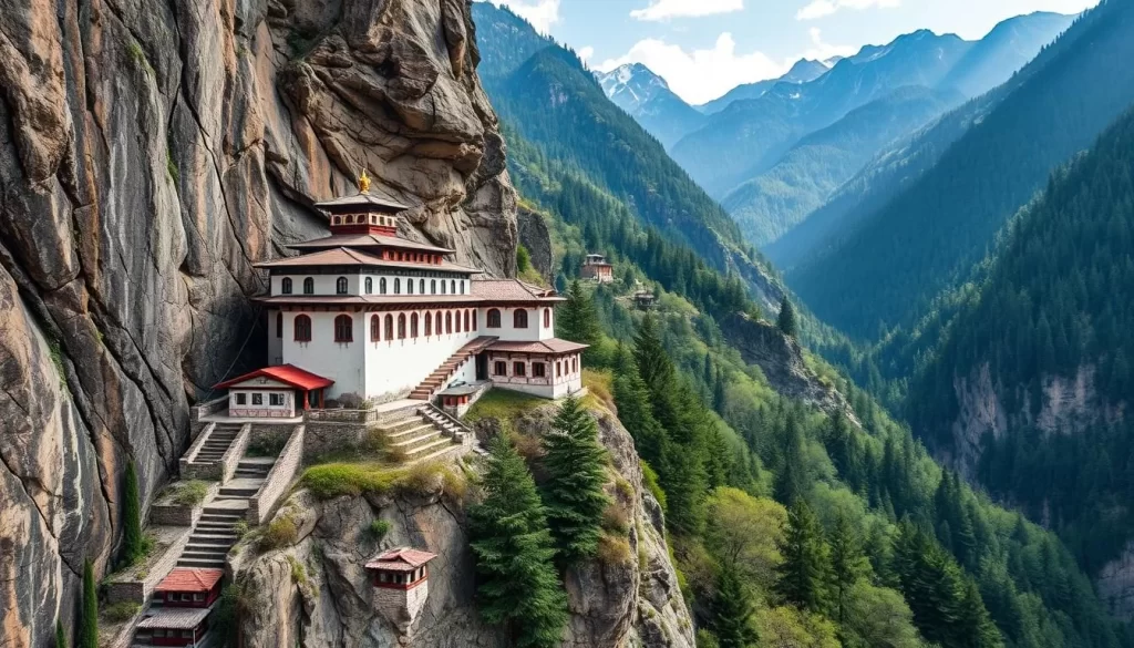 Generate an image of Sümela Monastery clinging to the cliff face.
