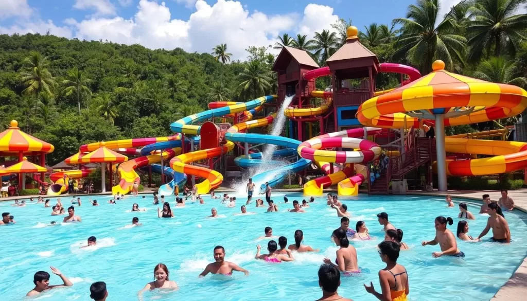 Generate an image of Sunway Lagoon's main attraction: a water park with various slides and a wave pool.