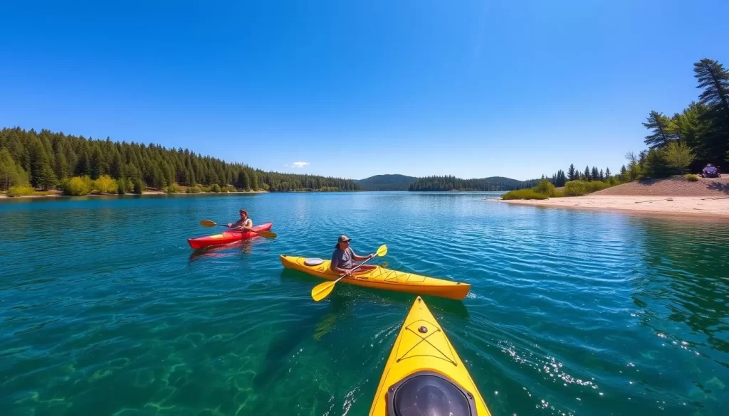 Generate an image of Sylvan Lake with kayakers paddling on the crystal-clear waters.