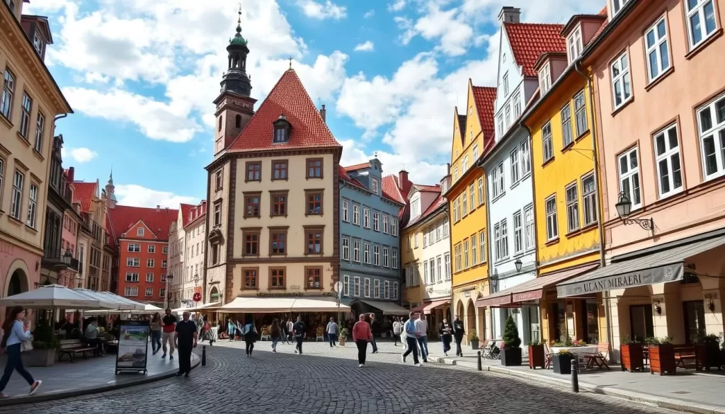 Generate an image of Szczecin's Stare Miasto, showcasing its cobblestone streets and historic buildings.